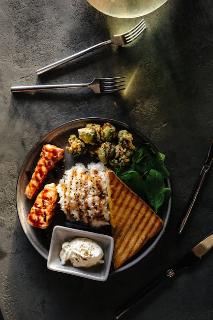 Food Aesthetics - A gourmet dish featuring grilled salmon, rice, g #10506640