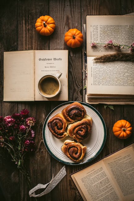 Food Aesthetics - Cozy autumn setup with coffee, books, cinnamon r #11126282