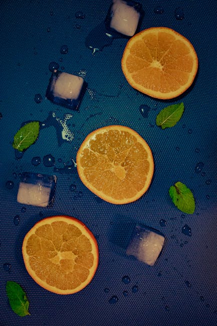 Food Aesthetics - Top view of orange slices, ice cubes, and mint l #16460763