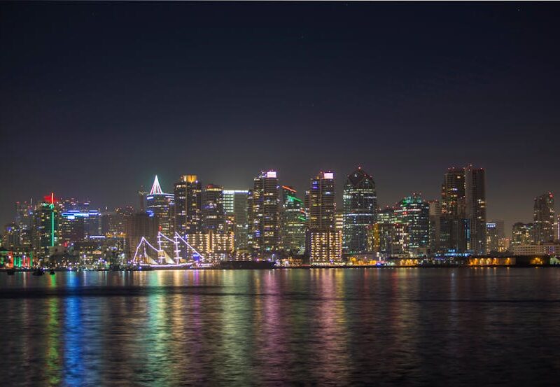 City Architecture - Vibrant nighttime cityscape with illuminated sky #18353682