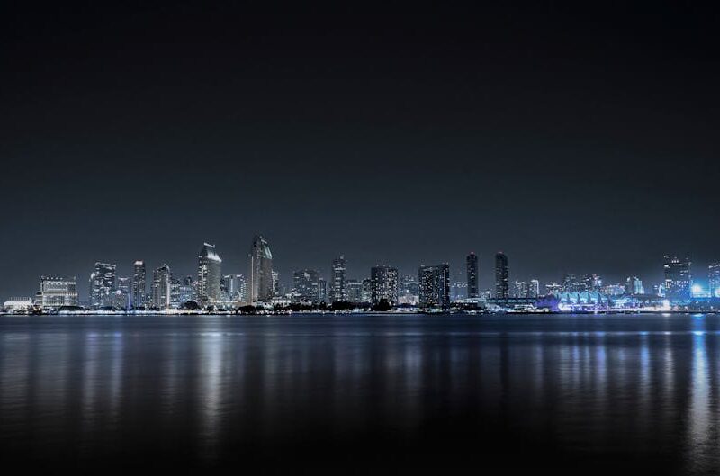 City Architecture - San Diego city skyline lit up at night, reflecte #28389008