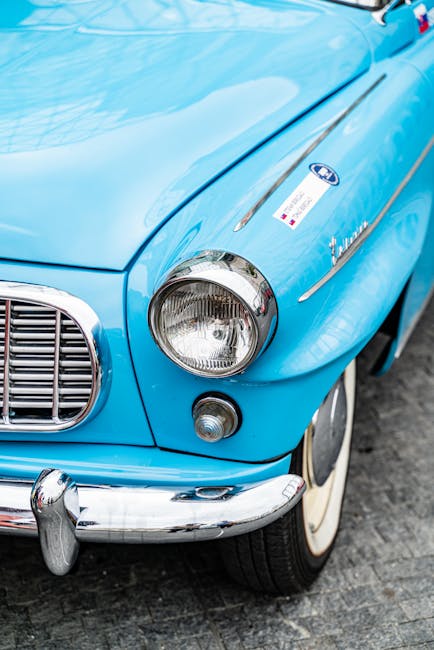 Luxury Cars - Close-up of a classic blue vintage car's headlig #32364013