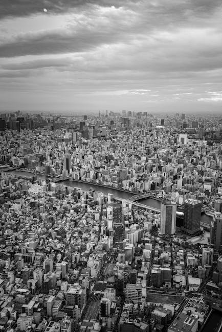 City Architecture - Monochrome aerial shot capturing Tokyo's sprawli #35344916