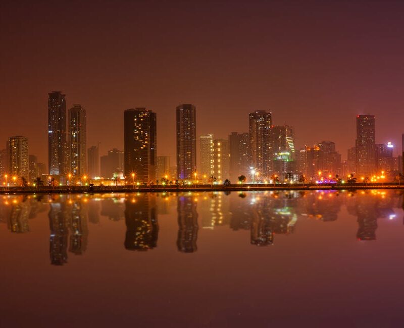 City Architecture - Dramatic cityscape at night with buildings refle #3680903